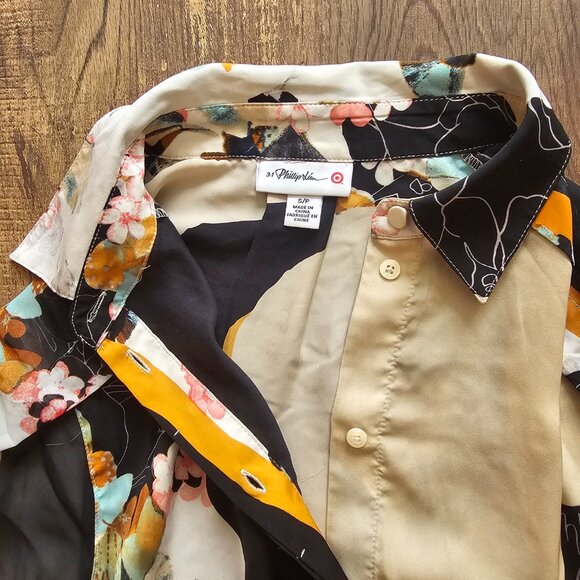 3.1 Phillip Lim Long Sleeve High Low Button Up Shirt, S/P, Tan & Black - Picture 7 of 10